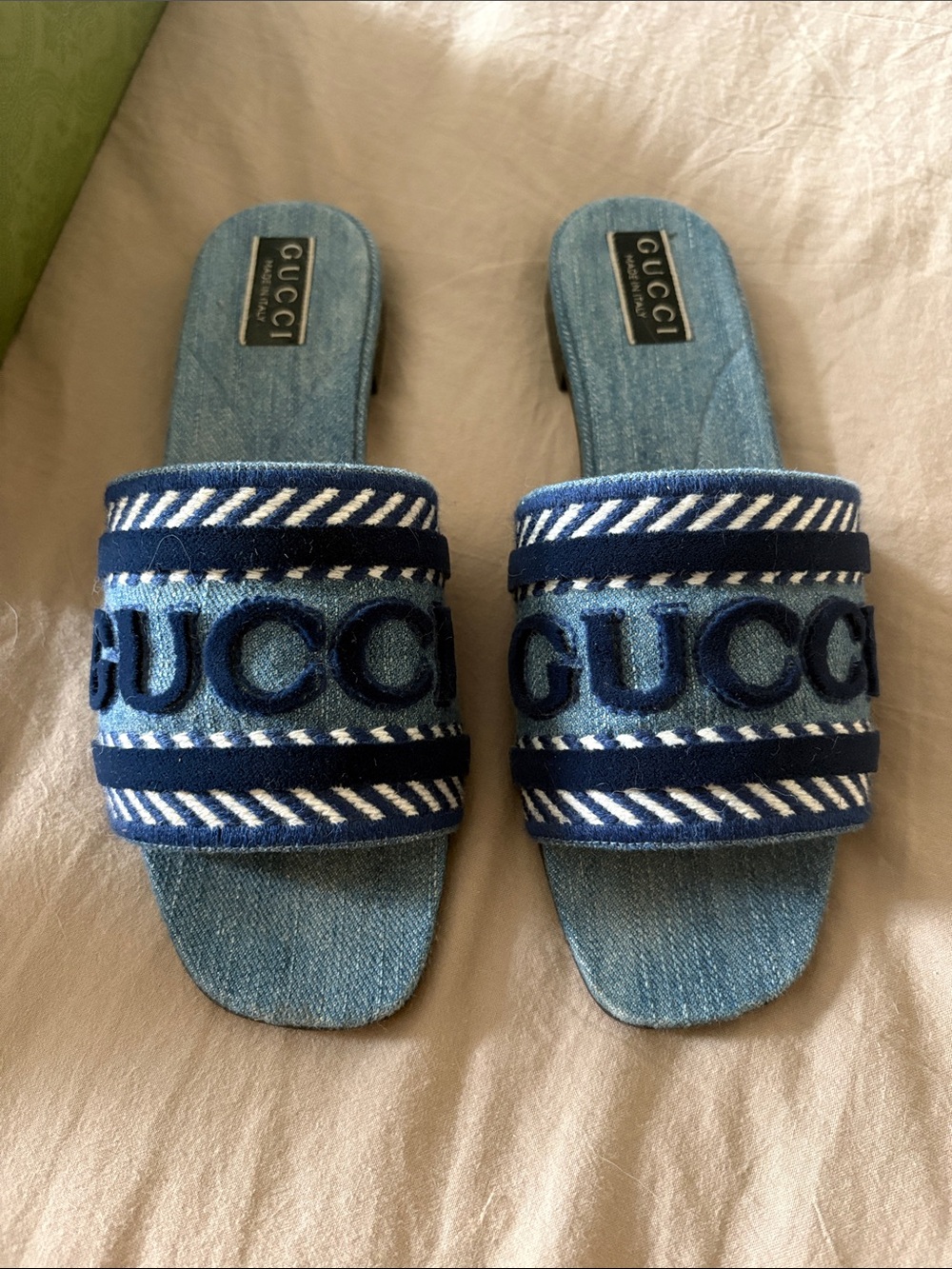 Gucci Denim Slide Sandals in Light and Navy Blue